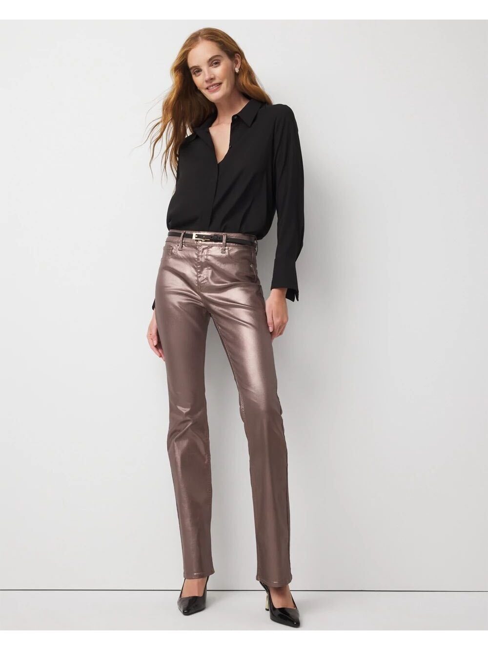 WHBM High Rise Metallic Coated Bootcut Jean Size 14 NWT